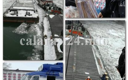 O nouă intervenție dificilă a pompierilor călărășeni/Alimente din elicopter pentru marinarii blocați cu șlepurile pe Dunăre